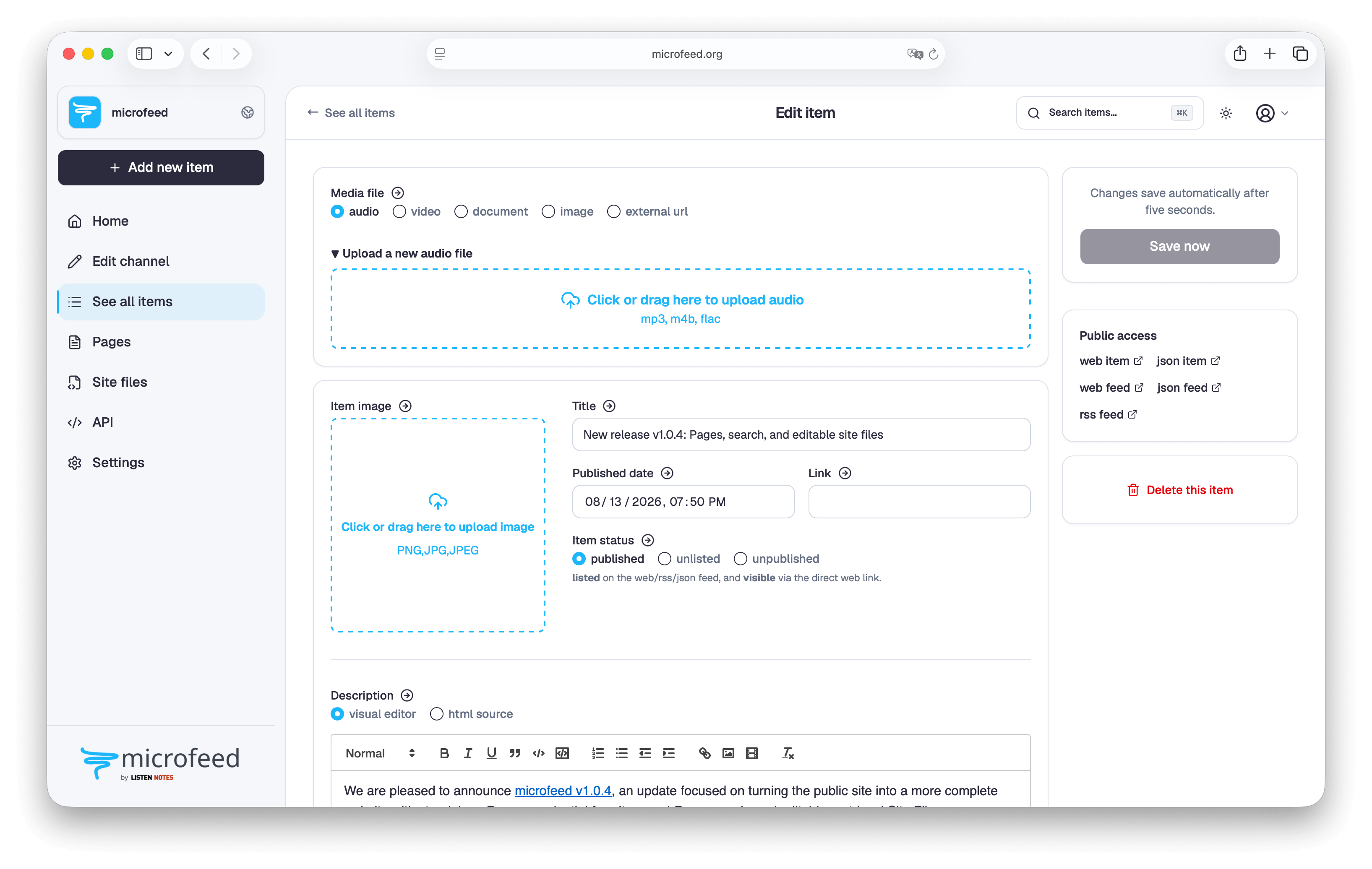 The microfeed admin interface editing an item